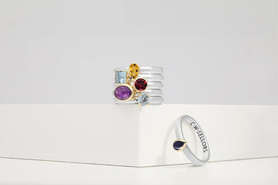 9ct Yellow Gold Sterling Silver Amethyst Stepping Stones 5mm Round Bezel Set Ring