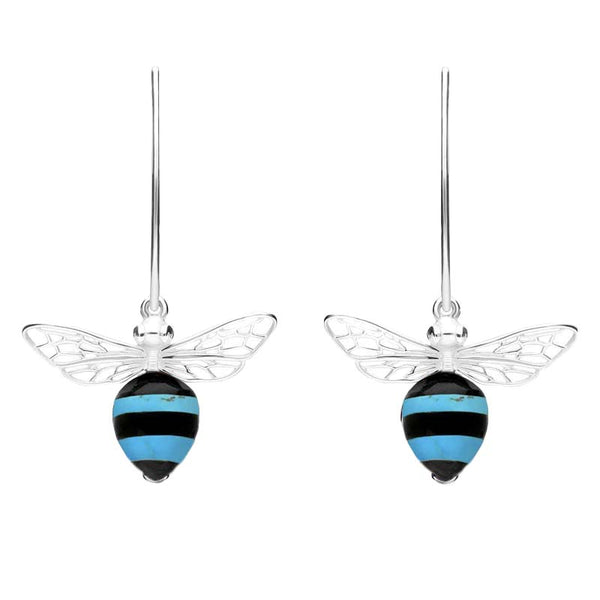 Sterling Silver Turquoise Whitby Jet Bee Small Hook Earrings, E2438.