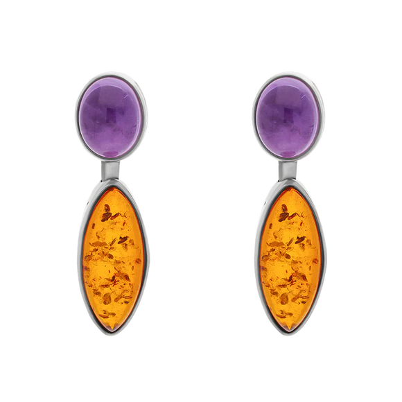 Sterling Silver Amber Amethyst Oval Top Marquise Drop Stud Earrings, E1102.