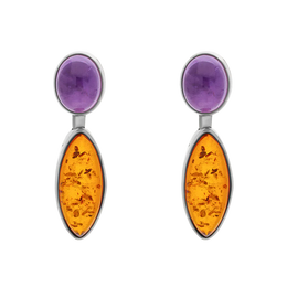 Sterling Silver Amber Amethyst Oval Top Marquise Drop Stud Earrings, E1102.
