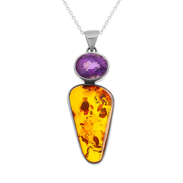 Sterling Silver Amber Amethyst Oval Top Triangle Two Stone Drop Necklace, PUNQ0001134.