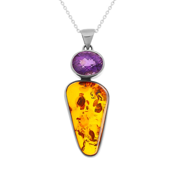 Sterling Silver Amber Amethyst Oval Top Triangle Two Stone Drop Necklace, PUNQ0001134.