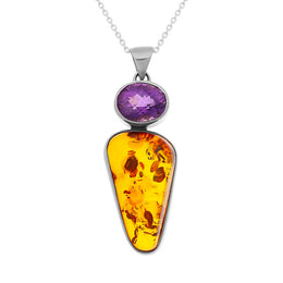 Sterling Silver Amber Amethyst Oval Top Triangle Two Stone Drop Necklace, PUNQ0001134.