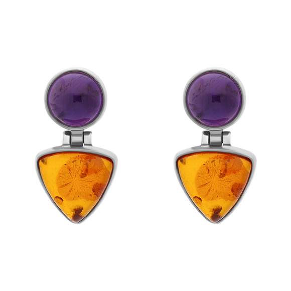 Sterling Silver Amber Amethyst Round Top Triangle Drop Stud Earrings, E1146.