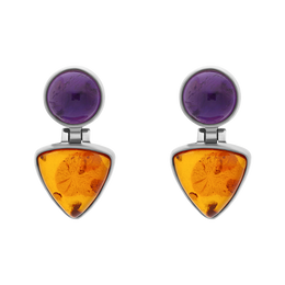 Sterling Silver Amber Amethyst Round Top Triangle Drop Stud Earrings, E1146.