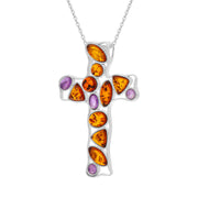 Sterling Silver Amber Amethyst Stone Set Cross Necklace, P1631_2.
