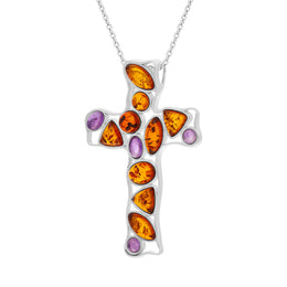 Sterling Silver Amber Amethyst Stone Set Cross Necklace, P1631_2.