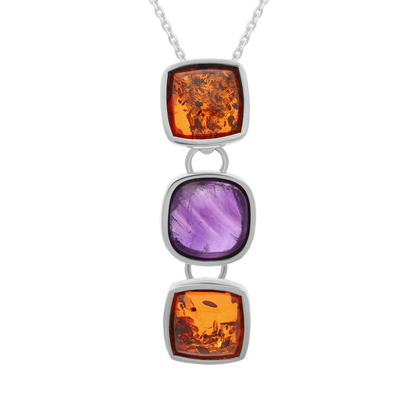 Sterling Silver Amber Amethyst Three Cushion Drop Necklace, P1619C_AMB.