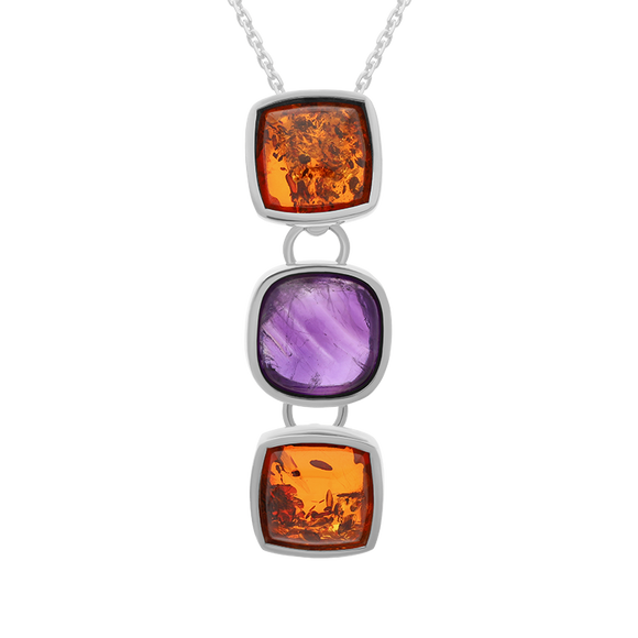 Sterling Silver Amber Amethyst Three Cushion Drop Necklace, P1619C_AMB.
