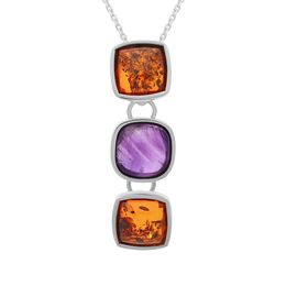 Sterling Silver Amber Amethyst Three Cushion Drop Necklace, P1619C_AMB.