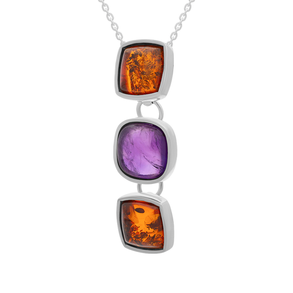 Sterling Silver Amber Amethyst Three Cushion Drop Necklace, P1619C_AMB_2.