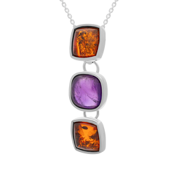 Sterling Silver Amber Amethyst Three Cushion Drop Necklace, P1619C_AMB_2.