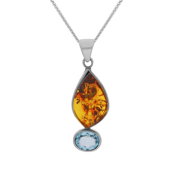 Sterling Silver Amber Blue Topaz Marquise Drop Necklace, PUNQ0001106.