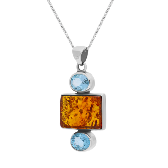 Sterling Silver Amber Blue Topaz Oval Oblong Three Stone Drop Necklace, PUNQ0001109_2.