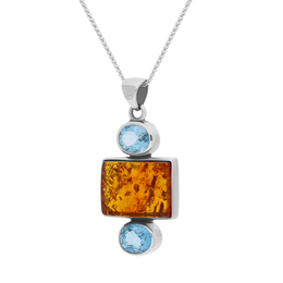 Sterling Silver Amber Blue Topaz Oval Oblong Three Stone Drop Necklace, PUNQ0001109_2.