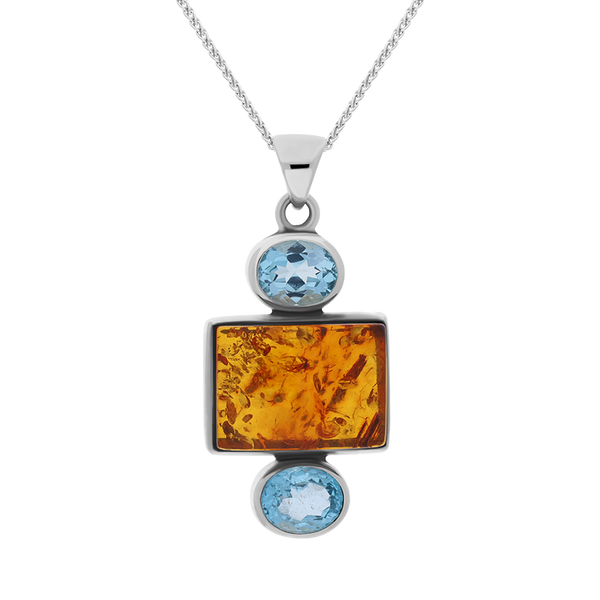 Sterling Silver Amber Blue Topaz Oval Oblong Three Stone Drop Necklace, PUNQ0001109.