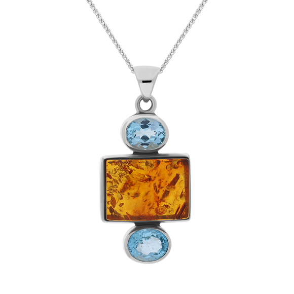 Sterling Silver Amber Blue Topaz Oval Oblong Three Stone Drop Necklace, PUNQ0001109.