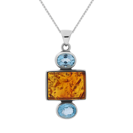 Sterling Silver Amber Blue Topaz Oval Oblong Three Stone Drop Necklace, PUNQ0001109.