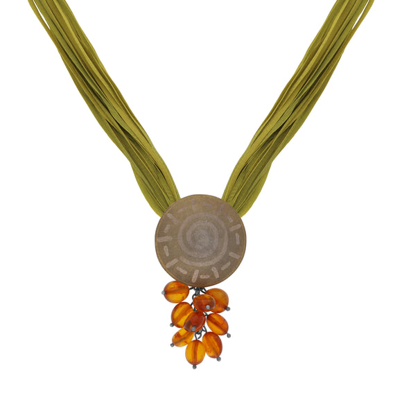 Sterling Silver Amber Sun Disc Green Silk Necklace D NUNQ0000037.