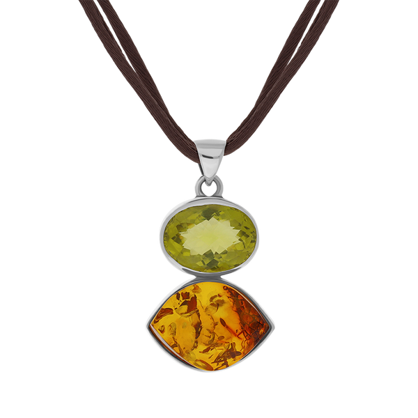 Sterling Silver Amber Lemon Citrine Oval Marquise Two Stone Drop Necklace, PUNQ0001114.