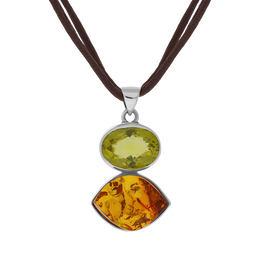 Sterling Silver Amber Lemon Citrine Oval Marquise Two Stone Drop Necklace, PUNQ0001114.