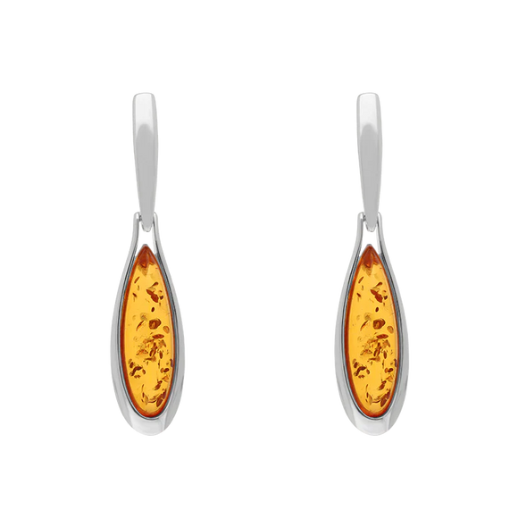 Sterling Silver Amber Long Pear Drop Earrings E1556