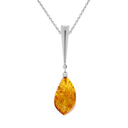 Sterling Silver Amber Long Pear Shaped Drop Necklace, P1633.