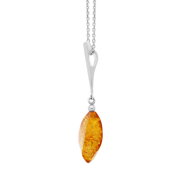 Sterling Silver Amber Long Pear Shaped Drop Necklace, P1633_3.