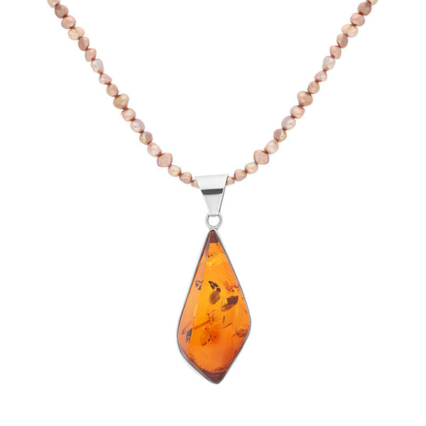 Sterling Silver Amber Freshwater Pearl Beaded Necklace D NUNQ0000469.