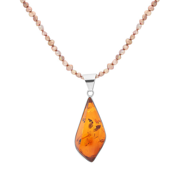 Sterling Silver Amber Freshwater Pearl Beaded Necklace D NUNQ0000469.