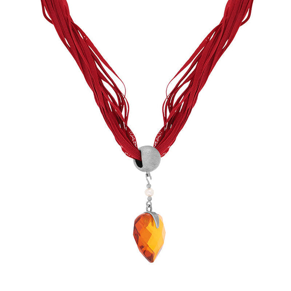 Sterling Silver Amber Pearl Faceted On Silk Necklace D