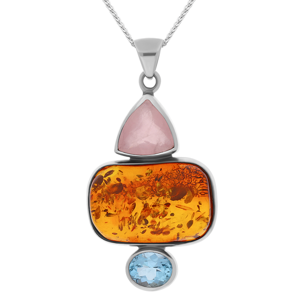Sterling Silver Amber Rose Quartz Blue Topaz Three Stone Drop Necklace, PUNQ0001093.