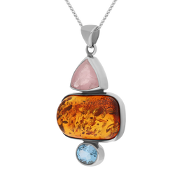 Sterling Silver Amber Rose Quartz Blue Topaz Three Stone Drop Necklace, PUNQ0001093_2.