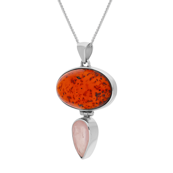 Sterling Silver Amber Rose Quartz Large Oval Two Stone Drop Necklace, PUNQ0001159_2.