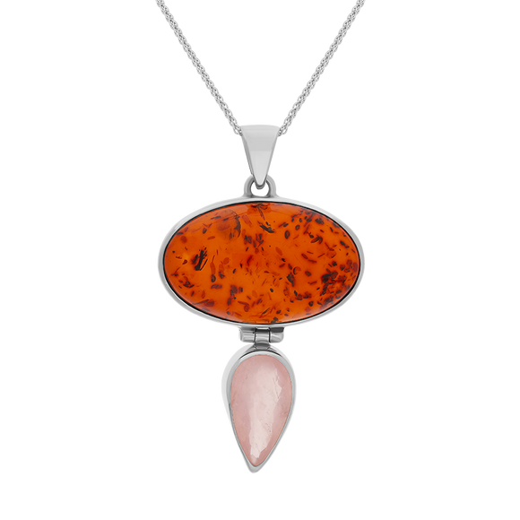Sterling Silver Amber Rose Quartz Large Oval Two Stone Drop Necklace, PUNQ0001159.