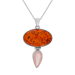 Sterling Silver Amber Rose Quartz Large Oval Two Stone Drop Necklace, PUNQ0001159.