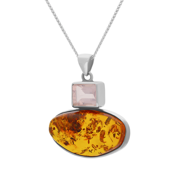 Sterling Silver Amber Rose Quartz Oblong Top Oval Two Stone Drop Necklace, PUNQ0001164_2.