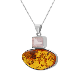 Sterling Silver Amber Rose Quartz Oblong Top Oval Two Stone Drop Necklace, PUNQ0001164_2.