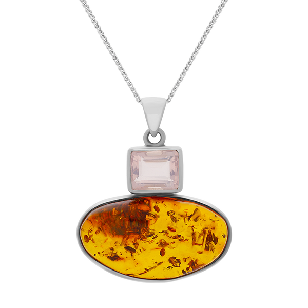 Sterling Silver Amber Rose Quartz Oblong Top Oval Two Stone Drop Necklace, PUNQ0001164.