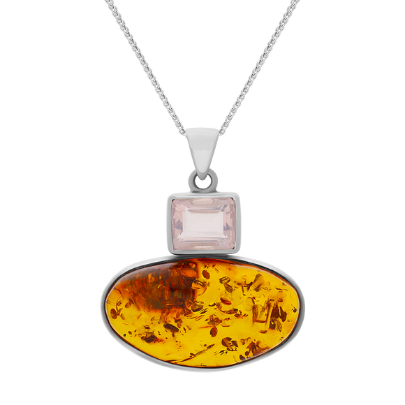 Sterling Silver Amber Rose Quartz Oblong Top Oval Two Stone Drop Necklace, PUNQ0001164.