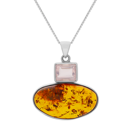 Sterling Silver Amber Rose Quartz Oblong Top Oval Two Stone Drop Necklace, PUNQ0001164.