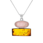 Sterling Silver Amber Rose Quartz Oval Top Oblong Two Stone Drop Necklace, PUNQ0001157.