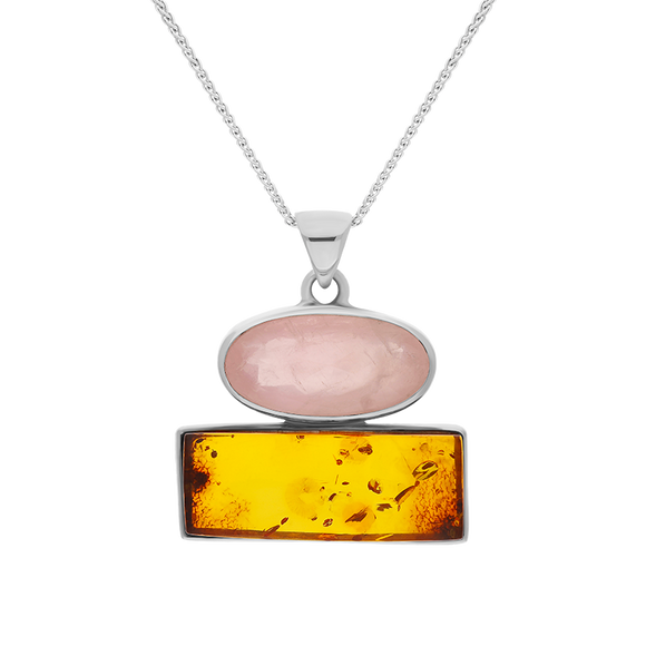 Sterling Silver Amber Rose Quartz Oval Top Oblong Two Stone Drop Necklace, PUNQ0001157.