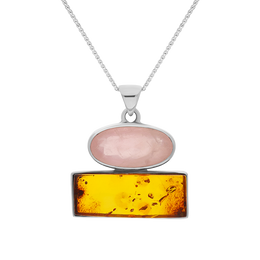 Sterling Silver Amber Rose Quartz Oval Top Oblong Two Stone Drop Necklace, PUNQ0001157.