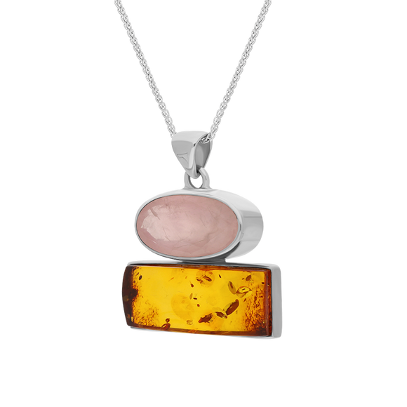 Sterling Silver Amber Rose Quartz Oval Top Oblong Two Stone Drop Necklace, PUNQ0001157_2.