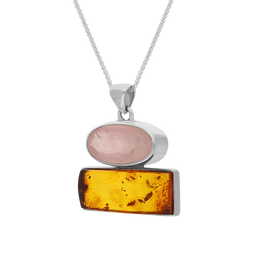 Sterling Silver Amber Rose Quartz Oval Top Oblong Two Stone Drop Necklace, PUNQ0001157_2.