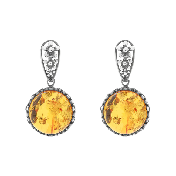 Sterling Silver Amber Round Flower Edge Drop Earrings E1557