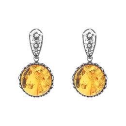 Sterling Silver Amber Round Flower Edge Drop Earrings E1557