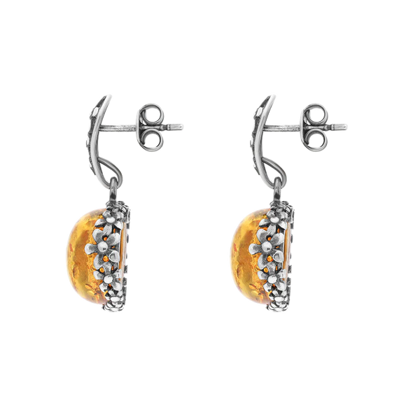 Sterling Silver Amber Round Flower Edge Drop Earrings E1557_2