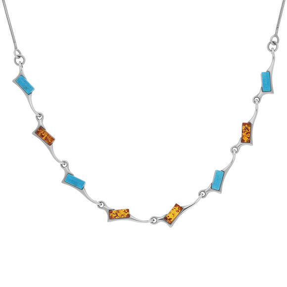 Sterling Silver Amber Turquoise Eight Stone Oblong Off Set Necklace N521